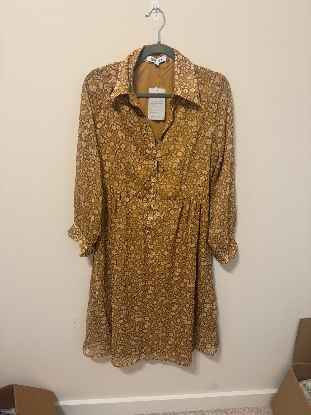 Mimi Chica Mustard Floral Button-Front Midi Dress